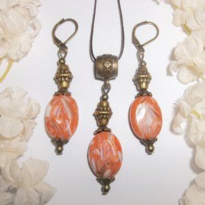 Boho Jewelry Gift Set Necklace Earring Orange Handmade Beaded Gift Idea 6637